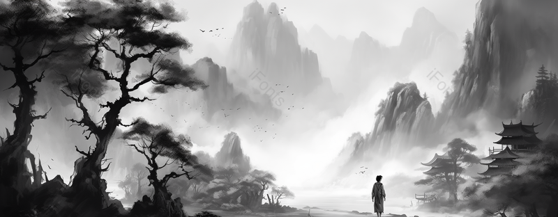 人走在山谷道路之中水墨中国画背景壁纸抽象水墨山水风景画,插画/手绘图,插画/手绘图库,插画/手绘图下载,插画/手绘